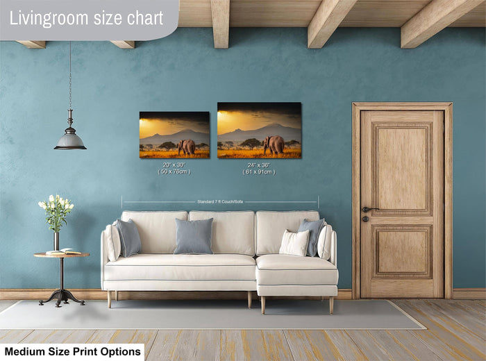a living room with a white sofa, a wooden door, and a painting of an elephant on the wall. The painting is of medium size, and the sofa is of standard size. The living room has a blue wall and a wooden floor.
