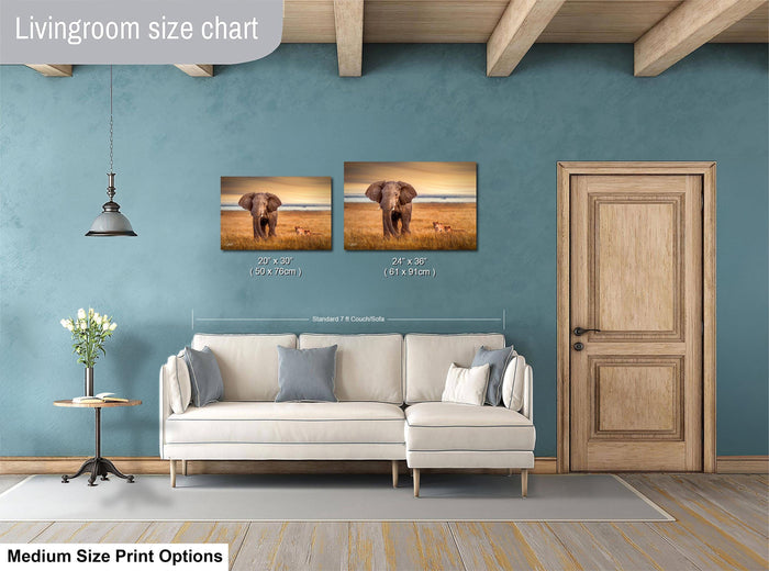 a living room with a white sofa, a wooden door, and a painting of an elephant on the wall. The painting is of a medium size, and the sofa is of a standard size. The living room appears to be well-decorated with a vase of flowers and a potted plant.