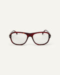 Face shot of Bonnie Clyde Boss Fight optical frames in red tortoise with clear lenses.