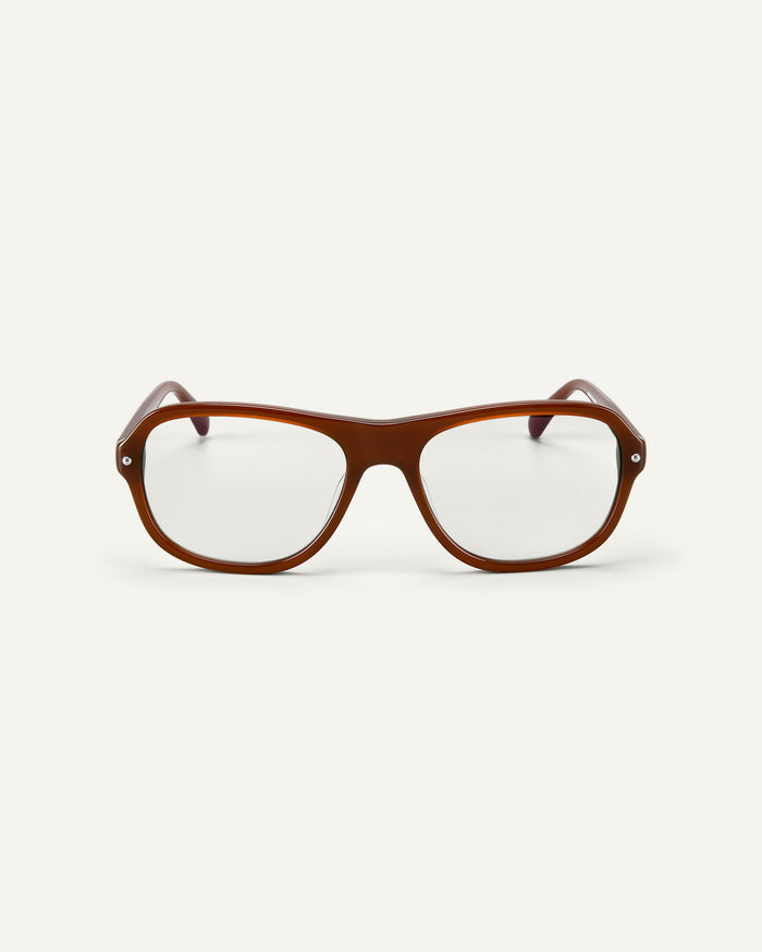 Face shot of Bonnie Clyde Boss Fight optical frames in dark brown with clear lenses.