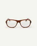 Face shot of Bonnie Clyde Boss Fight optical frames in dark brown with clear lenses.