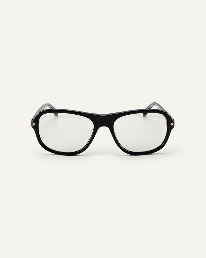 Face shot of Bonnie Clyde Boss Fight optical frames in black with clear lenses.