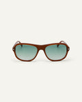 Face shot of Bonnie Clyde Boss Fight sunglasses in brown with green lenses.