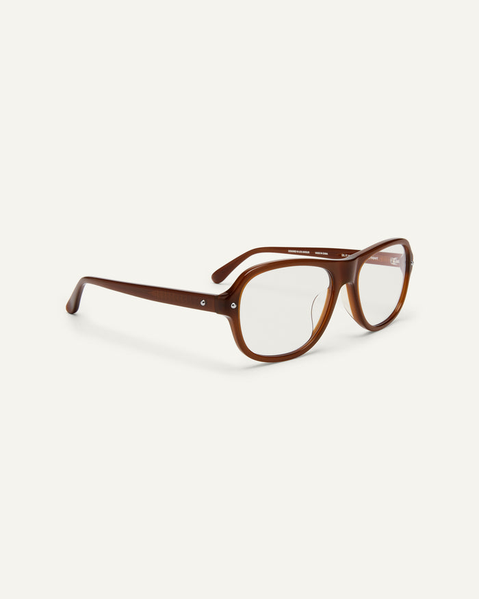 Quarter shot of Bonnie Clyde Boss Fight optical frames in dark brown with clear lenses.