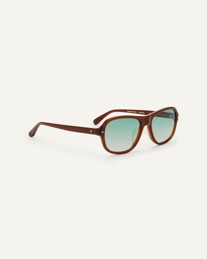 Side shot of Bonnie Clyde Boss Fight sunglasses in brown with green lenses.