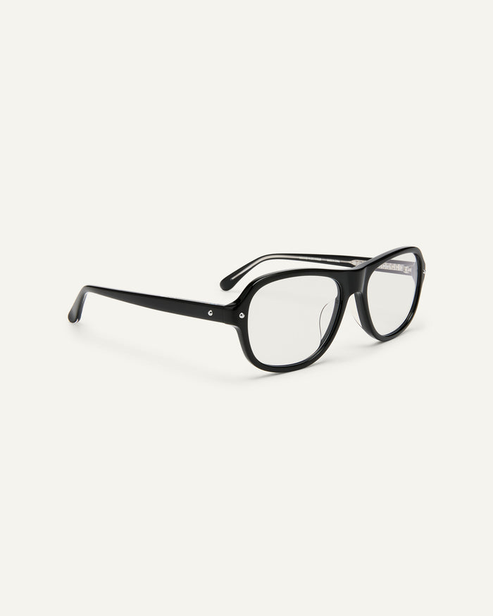 Side shot of Bonnie Clyde Boss Fight optical frames in black with clear lenses.