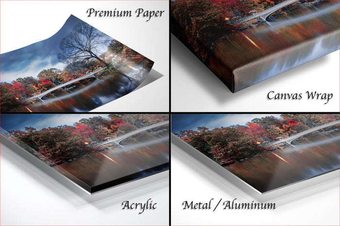 The image is a collage of four different images, each depicting a scenic landscape with a bridge and trees. The images are labeled as "Premium Paper", "Canvas Wrap", "Acrylic", and "Metal/Aluminum" to describe the materials used for the prints.