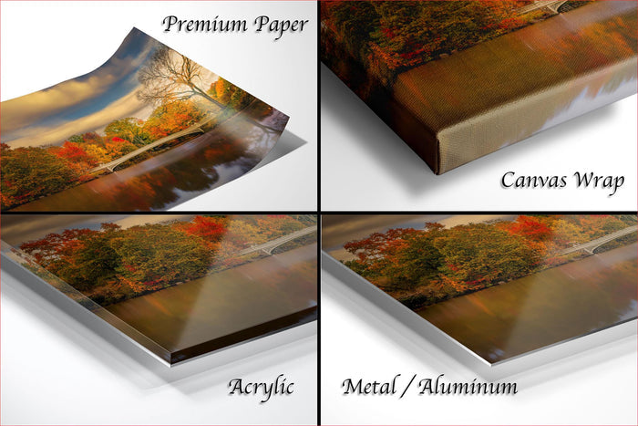 The image is a collage of four different views of a landscape photograph, each with a different finish: "Premium Paper", "Canvas Wrap", "Acrylic", and "Metal/Aluminum".