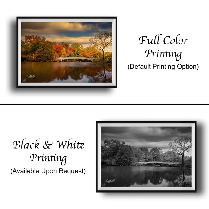 The image is a collage of two framed photographs. The top photograph is a full color print of a scenic landscape with a bridge and trees, while the bottom photograph is a black and white print of the same landscape. Both photographs are framed and available upon request.