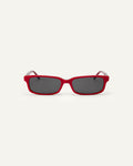 Face shot of Bonnie Clyde Boyfriend 2 sunglasses in layered red with black lenses.