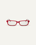 Face shot of Bonnie Clyde Boyfriend 2 optical frames in layered red with clear lenses.
