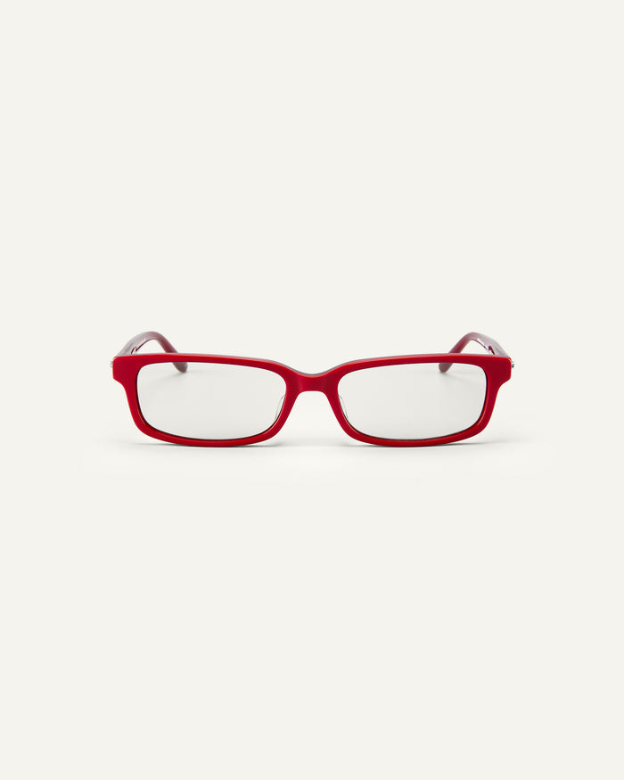 Face shot of Bonnie Clyde Boyfriend 2 optical frames in layered red with clear lenses.