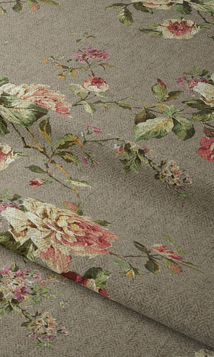 Floral Country Fabric Material By the Metre (Grey/ Green/ Pink)