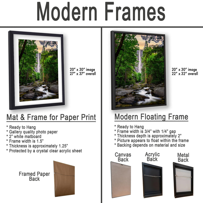 The image is a comparison of modern framed prints and modern floating frames for a waterfall photo. It displays two framed prints and two framed floating frames, each with different features and materials.