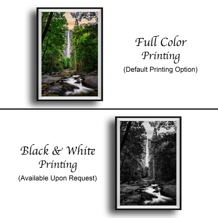 The image is a collage of two framed pictures. The top picture is a full color print of a waterfall surrounded by trees, while the bottom picture is a black and white print of the same waterfall. Both pictures are framed and available upon request.