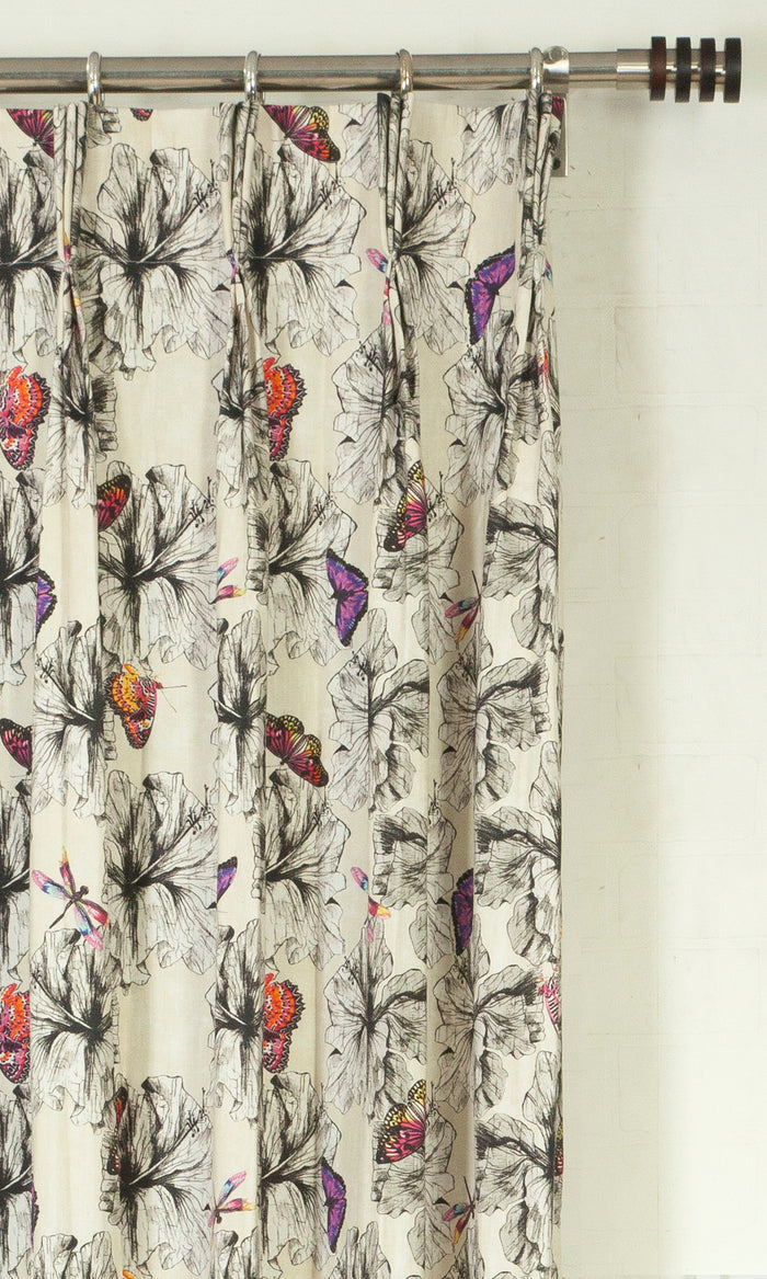 Butterfly Print Cotton Pinch Pleat, Rod Pocket, Eyelet Curtains (Pink/ Purple)