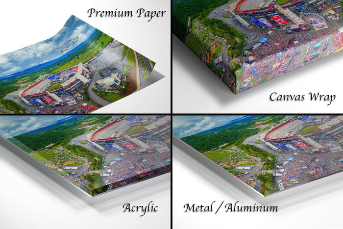 The image is a collage of four different views of a large outdoor stadium, showcasing the stadium's surroundings and the crowd attending the event.