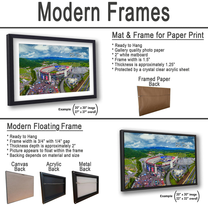 The image is a collage of two framed pictures, one of a modern floating frame and the other of a mat and frame for paper print. The collage features a variety of frames and mat and frame sizes, including a mat and frame for paper print, a modern floating frame, and a mat and frame for paper print. The collage also includes examples of mat and frame sizes, such as 20" x 30" and 22" x 32" images.