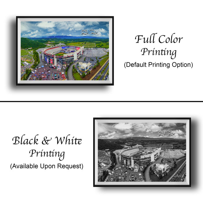 The image is a collage of two framed pictures. The top picture is a full color print of a stadium, while the bottom picture is a black and white print of the same stadium. Both pictures are framed and available upon request.