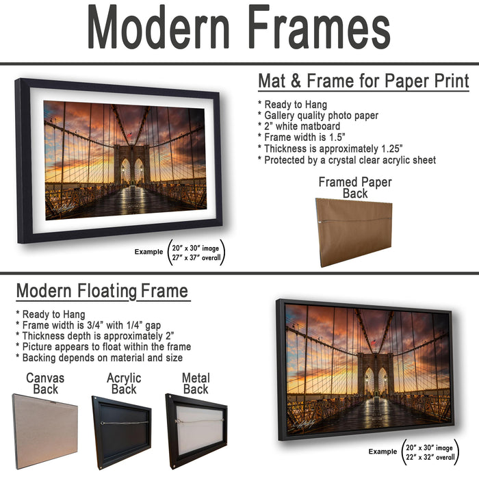 The image is a collage of two framed pictures, one of a bridge and one of a sunset. The bridge picture is a modern floating frame, while the sunset picture is a mat and frame for paper print.