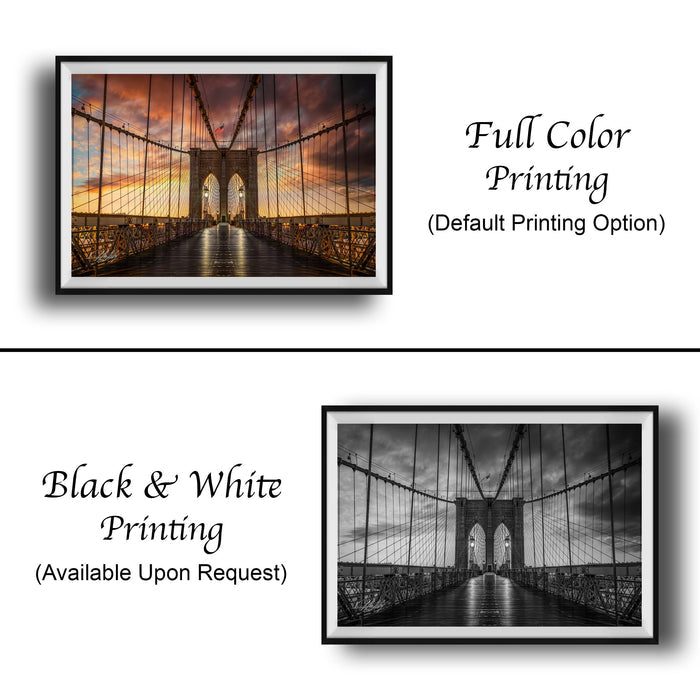 The image is a collage of two framed pictures. The top picture is a full color print of a bridge at sunset, while the bottom picture is a black and white print of the same bridge. Both pictures are framed and available upon request.