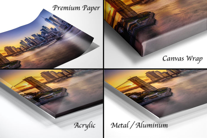The image is a collage of four different views of a cityscape at sunset, with the city skyline visible in the background.