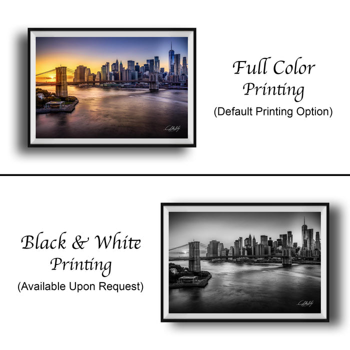 The image is a collage of two framed cityscape photographs. The top photograph is a full color print of a city skyline at sunset, while the bottom photograph is a black and white print of the same city skyline. Both prints are framed and available upon request.