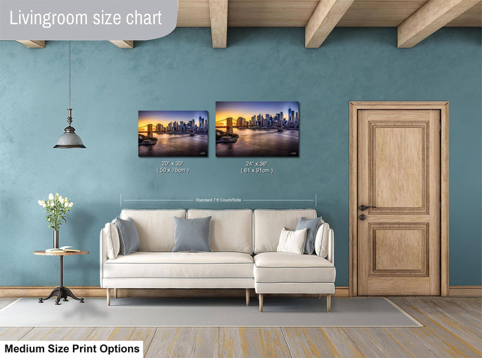 a living room with a white sofa and a wooden door. Above the sofa, there is a size chart for a painting of a city skyline, indicating the dimensions of the artwork.