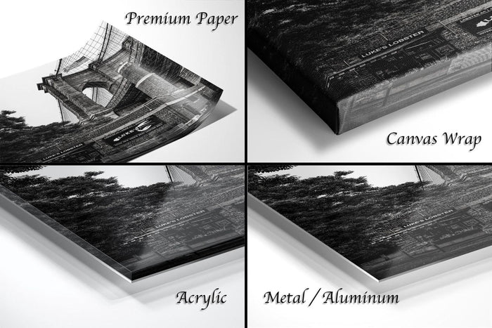 The image is a collage of four different print options for a black and white photograph of a bridge, including "Premium Paper", "Canvas Wrap", "Acrylic", and "Metal/Aluminum".