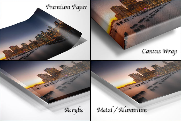 The image is a collage of four different views of a city skyline at sunset, with the cityscape appearing in various materials such as acrylic, metal, and aluminum.