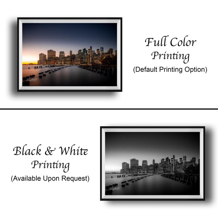 The image is a collage of two framed photographs depicting city skylines at sunset. The top photograph is a black and white print, while the bottom photograph is a full color print. Both images feature the same city skyline, with the top photograph being a black and white version and the bottom photograph being a full color version. The text below the images indicates that the full color printing is available upon request.