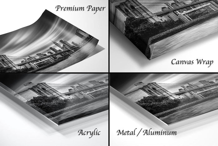 four different views of a black and white photograph of a city skyline, including a close-up of the bridge and surrounding buildings.
