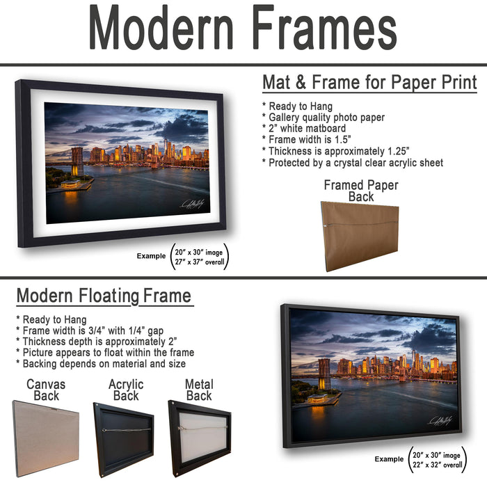 The image is a collage of two framed pictures, one of a city skyline at sunset and the other of a city skyline at night. The framed pictures are described as modern floating frames, which means they have a frame that floats on the surface and does not require nails or screws to be hung. The frames are available in different sizes and materials, such as acrylic and metal backings.