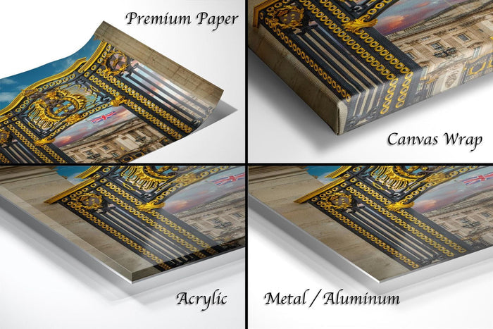 The image is a collage of four different views of a painting or artwork, each with a distinct description. The first image is labeled "Premium Paper". The second image is labeled "Canvas Wrap". The third image is labeled "Acrylic". The fourth image is labeled "Metal/Aluminum".
