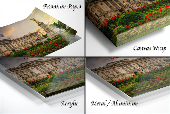 The image is a collage of four photos depicting a large building with a statue, flowers, and greenery.
