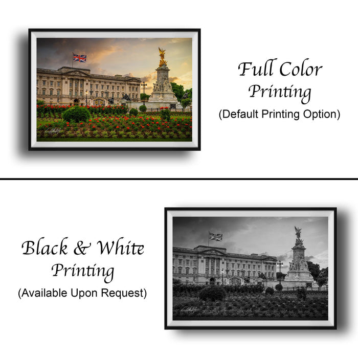 The image is a collage of two framed pictures. The top picture is a full color print of a palace with a statue in the foreground, and the bottom picture is a black and white print of the same palace. The text below the images indicates that the full color printing is available upon request.