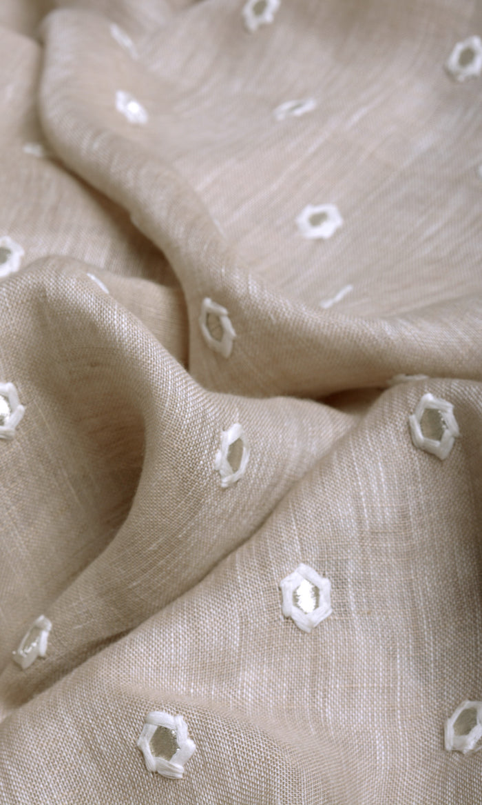Sheer Embroidered Linen Pinch Pleat, Rod Pocket, Eyelet Curtains (Beige)