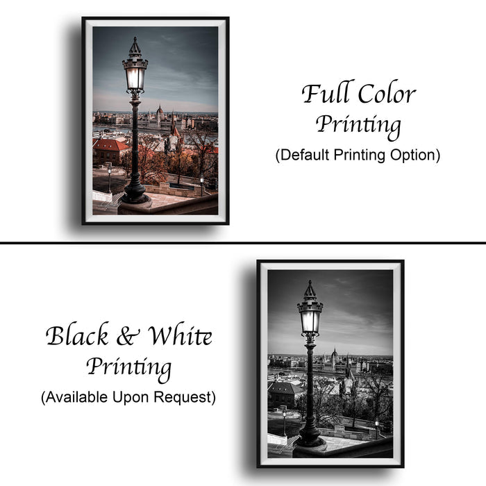 The image is a collage of two framed pictures. The top picture is a black and white photograph of a street lamp, while the bottom picture is a full color photograph of the same street lamp. The bottom picture also includes a caption that reads "Full Color Printing (Default Printing Option)".