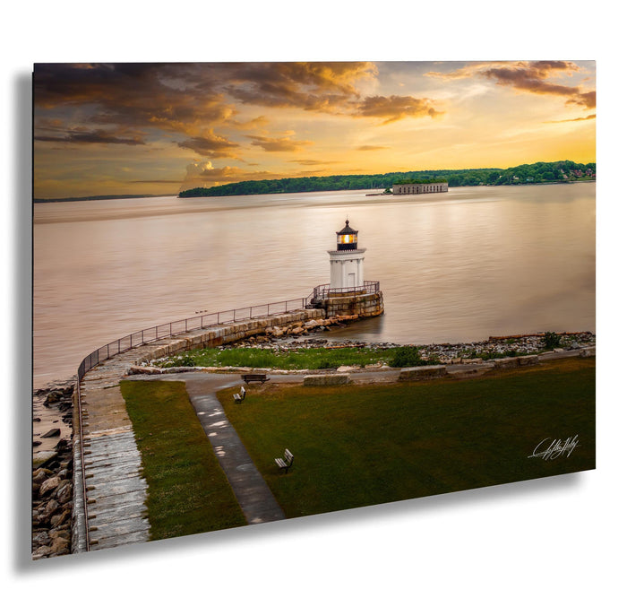 Portland Maine lighthouse art, Bug Light coastal print, Maine sunset wall decor, Casco Bay photography, New England seascape art, lighthouse fine art, golden hour ocean print, coastal home décor, maritime landscape photo, nautical wall artwork, serene harbor scene, Maine travel décor, oceanfront sunset art, harbor lighthouse print