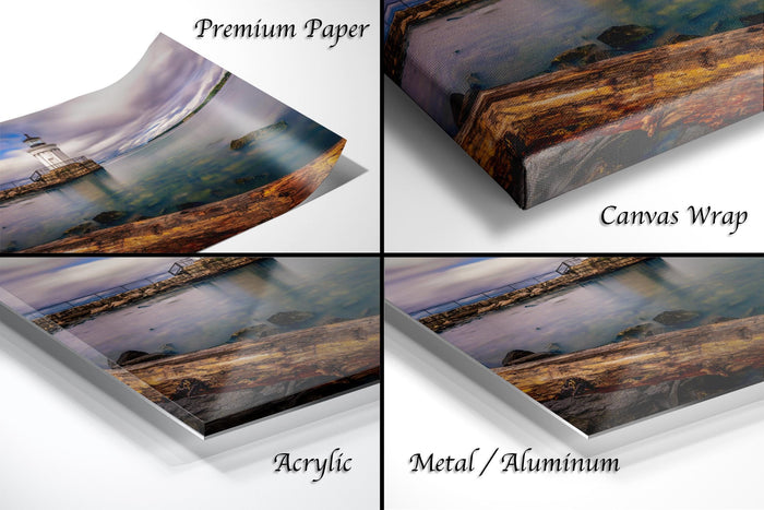 The image is a collage of four different images, each depicting a landscape scene. The images are labeled as "Premium Paper", "Canvas Wrap", "Acrylic", and "Metal/Aluminum".