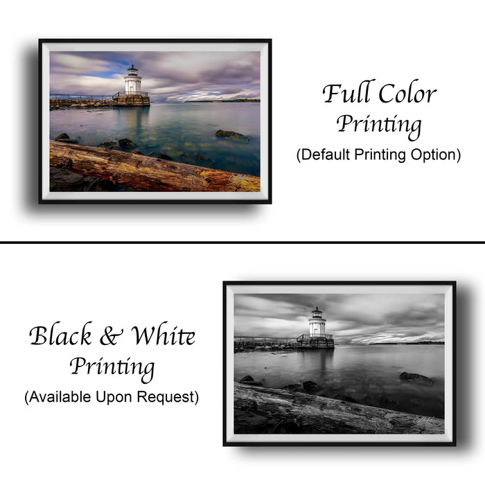 The image is a collage of two framed pictures. The top picture is a full color print of a lighthouse on a rocky shore, while the bottom picture is a black and white print of the same lighthouse. Both pictures are framed and available upon request.