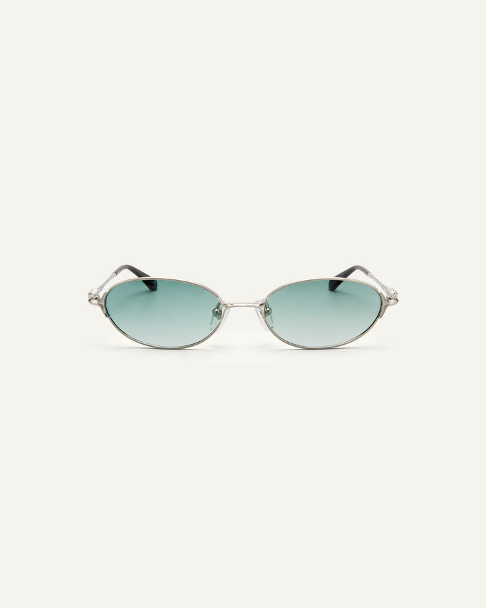 Face shot of Bonnie Clyde Bunny sunglasses in titanium silver and green lenses.