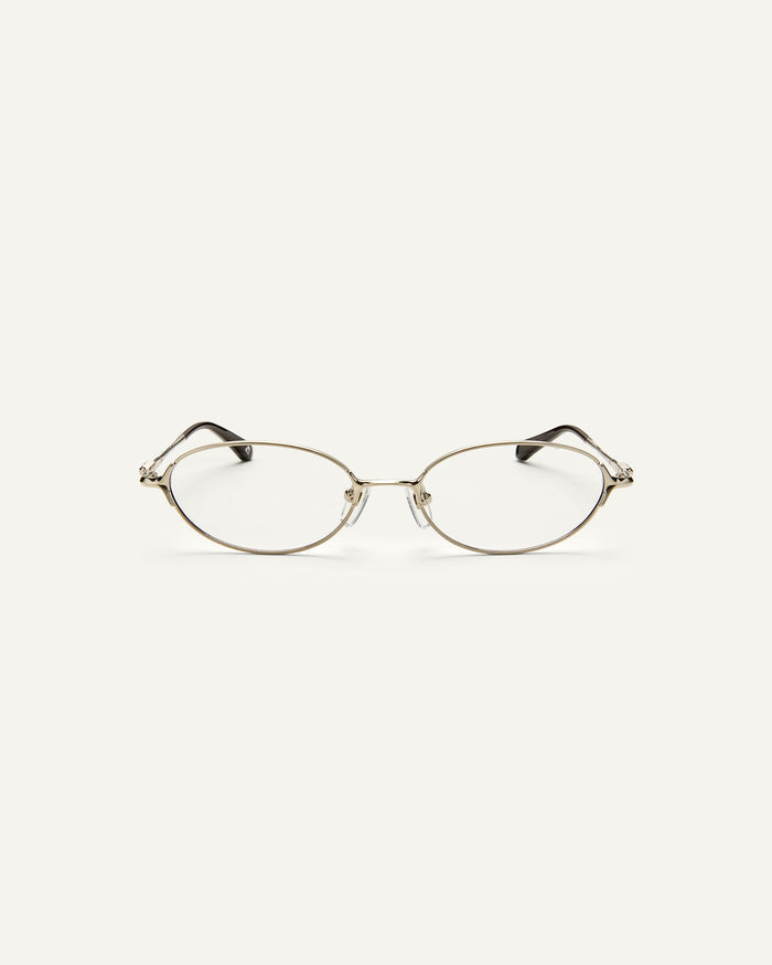 Face shot of Bonnie Clyde Bunny optical frames in stainless steel silver and clear lens.