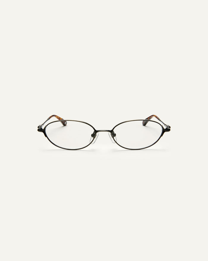 Face shot of Bonnie Clyde Bunny optical frames in black stainless steel and clear lens.