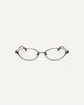 Face shot of Bonnie Clyde Bunny optical frames in black stainless steel and clear lens.