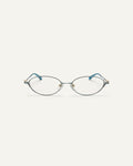 Face shot of Bonnie Clyde Bunny optical frames in stainless steel in layered blue with clear lens.