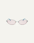 Face shot of Bonnie Clyde Bunny sunglasses in titanium silver and pink lenses.