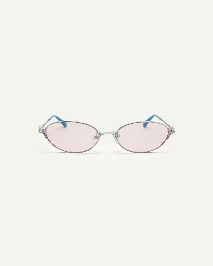 Face shot of Bonnie Clyde Bunny sunglasses in titanium silver and pink lenses.