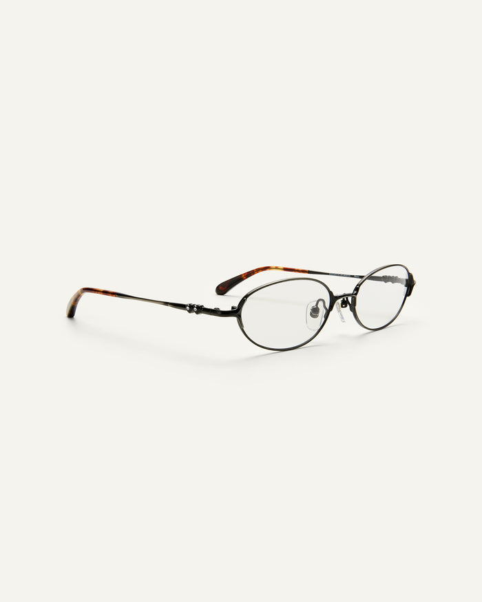 Quarter shot of Bonnie Clyde Bunny optical frames in black stainless steel and clear lens.