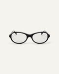 Face shot of Bonnie Clyde Butter Knife optical frames in black with clear lenses.